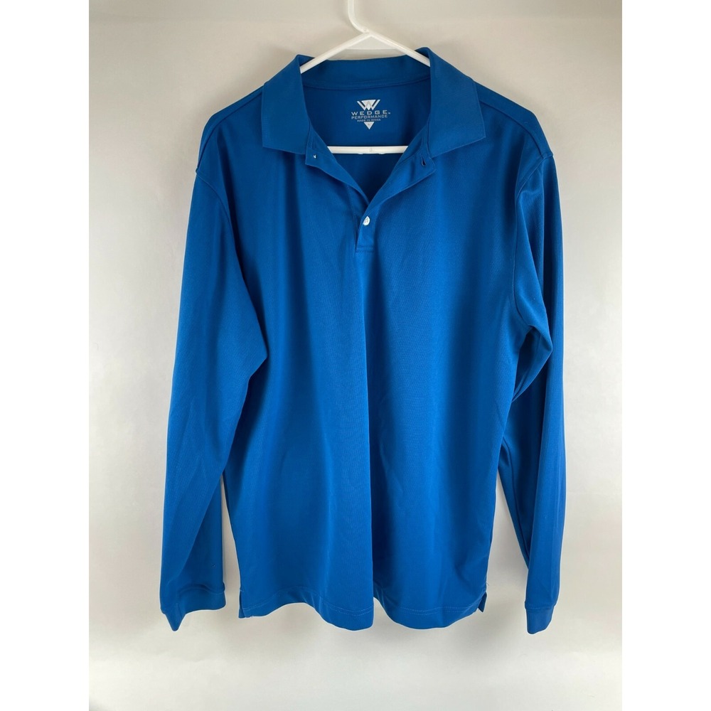 Wedge Performance Polo Shirt Men's Size Large Solid Blue 1/4 Button Long Sleeve